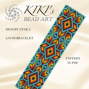 May include: A colorful beaded loom bracelet with a geometric pattern in shades of orange, yellow, blue, and black. The bracelet is called "Desert Star 2" and the pattern is available in PDF format.