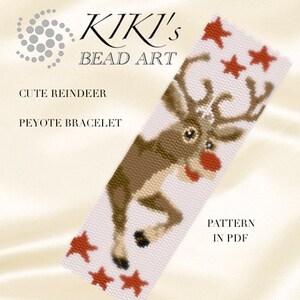 May include: A beaded peyote bracelet pattern featuring a cute reindeer with a red nose and antlers, surrounded by red stars. The pattern is available in PDF format. "KIKI'S BEAD ART" is written at the top of the image.
