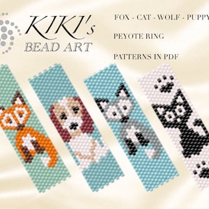 Pattern, peyote ring pattern, animal rings Fox, Dog, Cat, Wolf - peyote ring set of 4 patterns in PDF - instant download