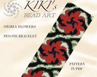 Pattern, peyote bracelet - Swirly flowers modern peyote bracelet cuff pattern PDF instant download