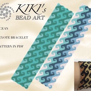 May include: Two peyote stitch bracelets with a wave pattern. One bracelet is blue, white, and pink. The other bracelet is green and white. The bracelets are shown on a white background. The text "KIKI'S BEAD ART" is at the top of the image. The text "OCEAN" is below the text "KIKI'S BEAD ART". The text "PEYOTE BRACELET" is below the text "OCEAN". The text "PATTERN IN PDF" is below the text "PEYOTE BRACELET".