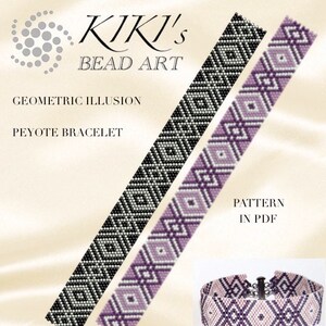 May include: Image shows two beaded Peyote bracelet patterns in black and white, and purple and white, with a geometric design. The text reads "KIKI's BEAD ART", "Geometric Illusion", "Peyote Bracelet", and "Pattern in PDF". A finished bracelet is shown.