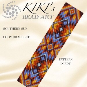 May include: A colourful loom bracelet pattern with a geometric design in shades of orange, yellow, blue, and brown. The pattern is called "Southern Sun" and is available as a PDF download. The text "KIKI'S BEAD ART" is at the top of the image.