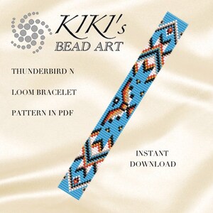 May include: A blue and orange beaded loom bracelet with a Thunderbird design. The bracelet is made with seed beads and has a geometric pattern. The image includes the text "KIKI'S BEAD ART", "THUNDERBIRD N", "LOOM BRACELET", "PATTERN IN PDF", and "INSTANT DOWNLOAD".