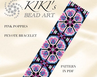 Pattern, peyote bracelet - Pink poppies peyote bracelet pattern in PDF instant download