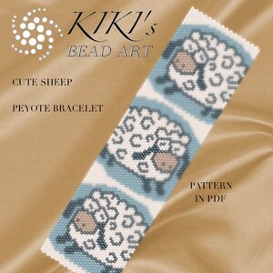 May include: A beaded bracelet pattern featuring three cute sheep with white fur and black eyes. The pattern is for a peyote stitch bracelet and is available as a PDF download. The text "KIKI'S BEAD ART" and "PATTERN IN PDF" is visible in the image.