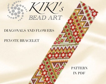 Pattern, peyote bracelet - Diagonals and flowers peyote bracelet cuff pattern in PDF with floral motifs - instant download