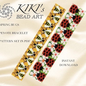 Peut inclure: Deux motifs de bracelets en perles, l'un avec des abeilles et des rayons de miel sur fond jaune, l'autre avec des coccinelles et des fleurs sur fond blanc. Les motifs sont intitulés "Spring Bugs" et "Peyote Bracelet". Le texte "Pattern Set in PDF" et "Instant Download" est également inclus.