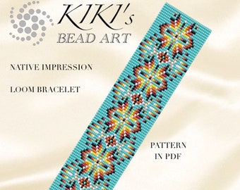 May include: A turquoise loom bracelet with a Native American inspired design featuring red, orange, yellow, white, and black beads. The bracelet is called "Native Impression" and the pattern is available in PDF format.