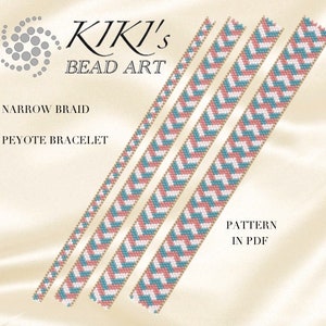 May include: Four different length beaded chevron patterns in pink, white, and blue colors. The patterns are labeled "Narrow Braid Peyote Bracelet" and "Pattern in PDF".