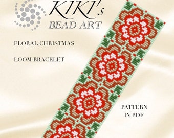 Bead loom pattern - Floral Christmas red gold colored LOOM bracelet pattern in PDF instant download