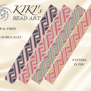 May include: Five colorful loom bracelets with a chevron pattern. The bracelets are made with coral fiber and are available as a PDF pattern. The text "KIKI'S BEAD ART" is at the top of the image.
