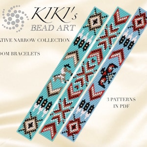 May include: Three beaded loom bracelet patterns featuring geometric designs in turquoise, red, white, and black. The patterns are titled "KIKI'S BEAD ART NATIVE NARROW COLLECTION LOOM BRACELETS" and "3 PATTERNS IN PDF".
