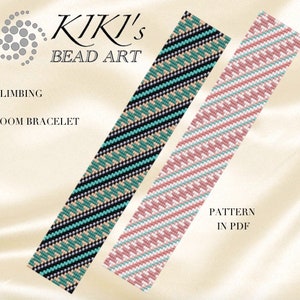 Op de afbeelding: Twee weefbandpatronen, een met zwarte, turquoise en crème kralen, en de andere met roze, witte en turquoise kralen. De patronen worden "Climbing" genoemd en de tekst "PATTERN IN PDF" is zichtbaar.