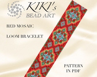 Bead loom pattern bracelet Red mosaic LOOM bracelet pattern in PDF - instant download