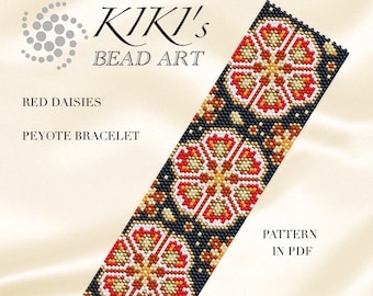 Pattern, peyote bracelet - Red daisies peyote bracelet pattern in PDF instant download