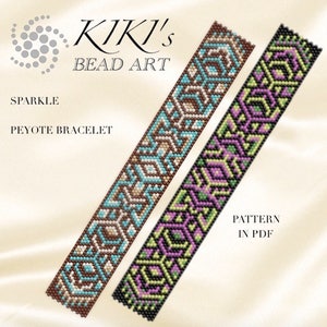 May include: Two beaded bracelets with geometric patterns in shades of brown, blue, green, pink, and black. The bracelets are labeled "Sparkle Peyote Bracelet" and "Pattern in PDF".