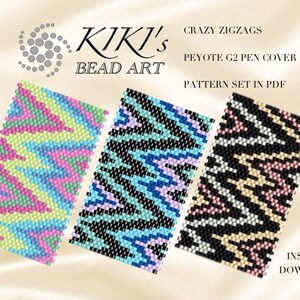 May include: Three digital patterns for peyote stitch beading, featuring colorful zigzags. The patterns are labeled "Crazy Zigzags", "Peyote G2 Pen Cover", and "Pattern Set in PDF".
