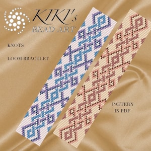May include: Two loom bracelets with geometric patterns. One is blue and purple on a white background, the other is pink and brown. The image includes the text "KIKI's BEAD ART", "KNOTS", "LOOM BRACELET", and "PATTERN IN PDF".