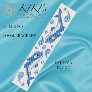 May include: A beaded loom bracelet pattern featuring two blue dolphins swimming in white water with blue bubbles. The pattern is called "Dolphins Loom Bracelet" and is available as a PDF download. The text "Kiki's Bead Art" is also visible in the image.