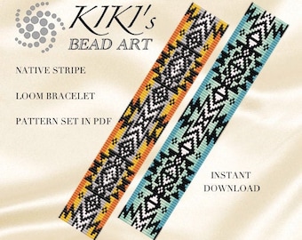 May include: Two loom bracelet patterns in PDF format, featuring a Native Stripe design. The patterns are in black, white, yellow, and blue.