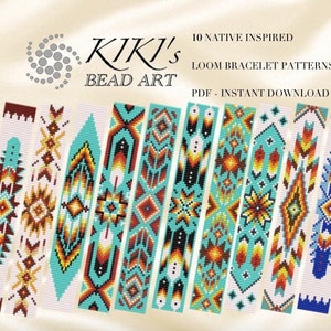 May include: Ten Native-inspired loom bracelet patterns are displayed, showcasing geometric designs in turquoise, red, yellow, and brown. The image includes the text "Kiki's Bead Art" and "PDF - Instant Download."