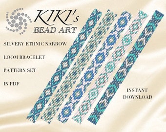 Op de afbeelding: Zilveren etnische smalle loom armband patroon set in PDF-formaat. De afbeelding toont zes verschillende kralenpatronen in blauw, wit en groen. Direct downloaden.