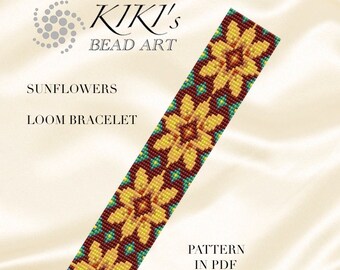 May include: A loom bracelet pattern featuring sunflowers in yellow, brown, and green. The pattern is called "Sunflowers" and is available as a PDF download. "KIKI's Bead Art" is printed at the top of the image.
