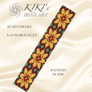 Könnte beinhalten: Ein Webband-Muster mit Sonnenblumen in Gelb, Braun und Grün. Das Muster heißt "Sunflowers" und ist als PDF-Download erhältlich. "KIKI's Bead Art" ist oben im Bild gedruckt.