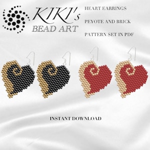 Könnte beinhalten: Ein digitaler Download-Mustersatz zum Perlen von Herzohrringen. Der Mustersatz enthält zwei Designs, eines in Schwarz und Gold und das andere in Rot und Gold. Der Mustersatz ist für Peyote- und Ziegelstich-Perlen gedacht. Der Mustersatz ist als sofortiger Download verfügbar.