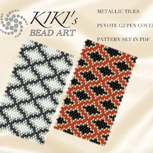 May include: Two peyote stitch beading patterns for a pen cover. The patterns are called "Metallic Tiles" and feature geometric designs in black, white, red, and gold beads.