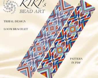 May include: Three colourful beaded loom bracelets with geometric patterns. The bracelets are in shades of blue, red, yellow, and white. The text "KIKI'S BEAD ART" and "TRIBAL DESIGN" is visible at the top of the image. The text "LOOM BRACELET" is visible below the text "TRIBAL DESIGN". The text "PATTERN IN PDF" is visible at the bottom right of the image.