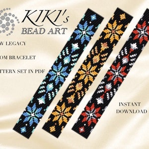 Könnte beinhalten: Drei Webband-Muster mit Schneeflocken-Designs in Blau, Orange und Rot auf schwarzem Hintergrund. Die Muster sind mit "New Legacy" und "Loom Bracelet" beschriftet. Der Text "Pattern Set in PDF" und "Instant Download" ist ebenfalls enthalten.