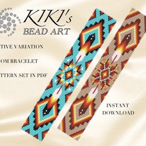 Puede incluir: Dos patrones de pulsera de telar en formato PDF. Los patrones presentan diseños inspirados en los nativos americanos con cuentas turquesa, naranja, marrón y blancas. El texto "KIKI'S BEAD ART" y "NATIVE VARIATION" es visible en la imagen. El texto "INSTANT DOWNLOAD" también es visible.