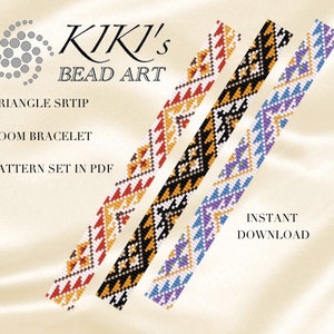 May include: Image of four beaded loom bracelet patterns in red, black, and purple. The bracelets have geometric designs. The image includes the text "KIKI's BEAD ART", "TRIANGLE SRTIP", "LOOM BRACELET", "PATTERN SET IN PDF", and "INSTANT DOWNLOAD".
