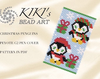 Pattern, peyote pen cover Christmas Penguins cute animal peyote pattern for pen wrap holiday pattern G2 pen by Pilot PDF instant download