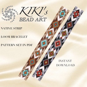 May include: Three beaded loom bracelets with Native American inspired patterns in brown, black, white, red, turquoise, and gold colors. The bracelets are labeled "Native Strip Loom Bracelet Pattern Set in PDF Instant Download".
