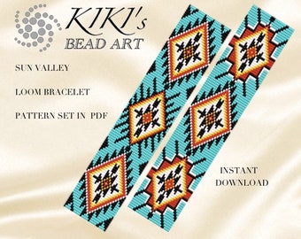 May include: A digital download pattern for a loom bracelet with a geometric design in turquoise, black, orange, white, and yellow. The pattern is called "Sun Valley" and is available for instant download.