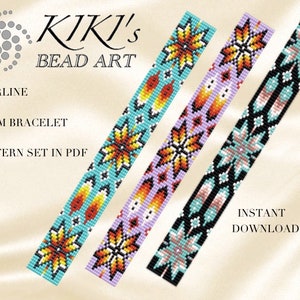 May include: Three loom bracelets in turquoise, lavender, and black, each with a starburst and feather design. The bracelets are decorated with orange, yellow, and white beads. The image includes the text "KIKI's BEAD ART", "STARLINE", "LOOM BRACELET", "PATTERN SET IN PDF", and "INSTANT DOWNLOAD".