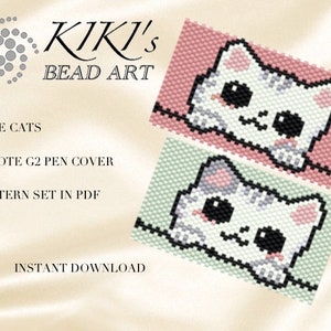 Könnte beinhalten: Ein digitaler Download-Muster für ein Peyote-Stitch-Perlenprojekt. Das Muster ist für eine Stifthülle mit zwei niedlichen Katzen mit rosa und weißem Fell. Das Muster ist im PDF-Format verfügbar. Der Text "KIKI'S BEAD ART" befindet sich oben im Bild. Der Text "CUTE CATS" befindet sich unter dem Bild der Katzen. Der Text "PEYOTE G2 PEN COVER" befindet sich unter dem Text "CUTE CATS". Der Text "PATTERN SET IN PDF" befindet sich unter dem Text "PEYOTE G2 PEN COVER". Der Text "INSTANT DOWNLOAD" befindet sich unten im Bild.