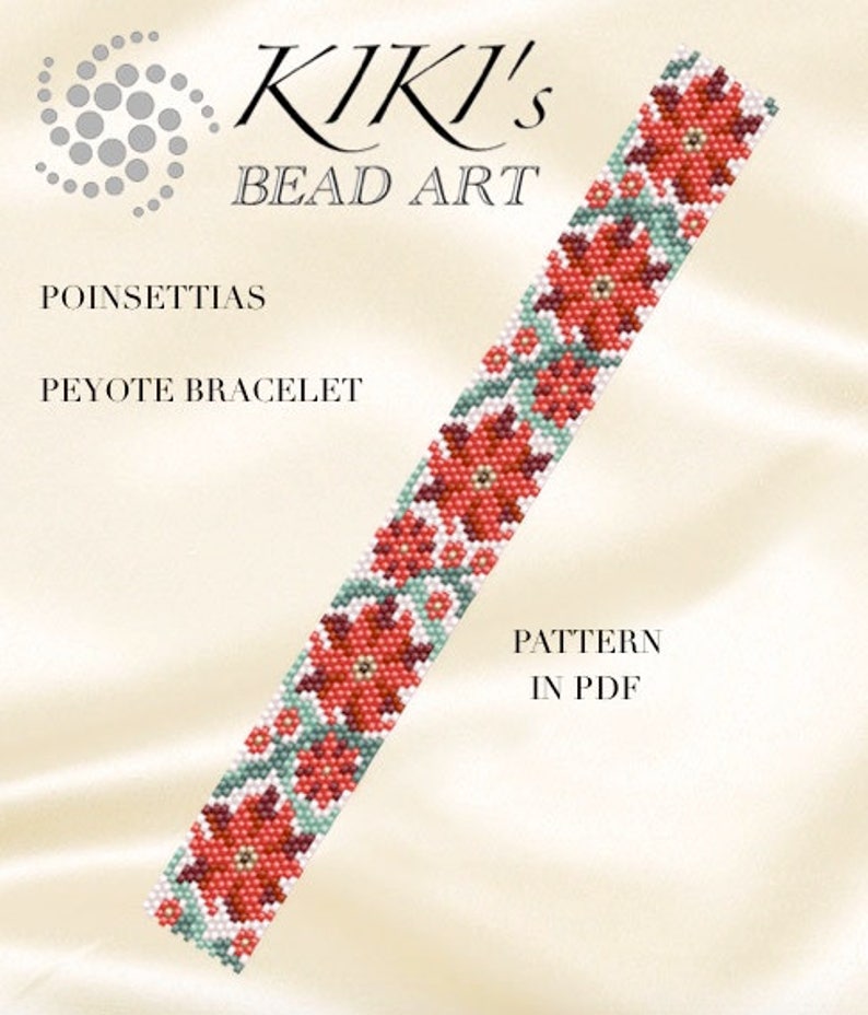 Peyote bracelet pattern, Peyote Pattern, Poinsettias floral peyote bracelet cuff pattern in PDF image 1