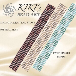 May include: Four loom bracelet patterns in salmon, golden, and teal colours. The patterns are geometric and feature a repeating design. The image includes the text "KIKI'S BEAD ART", "SALMON/GOLDEN/TEAL STONE", "LOOM BRACELET", and "PATTERN SET IN PDF".