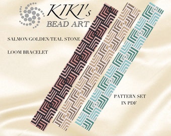 Bead loom pattern Stone golden teal salmon colored LOOM bracelet pattern set in PDF instant download