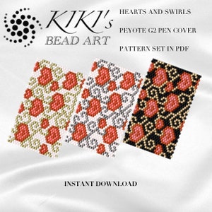 May include: Three Peyote G2 pen cover patterns with heart and swirl designs. The patterns are in red, white, black, and gold. The text on the image says "KIKI's BEAD ART", "HEARTS AND SWIRLS", and "INSTANT DOWNLOAD".