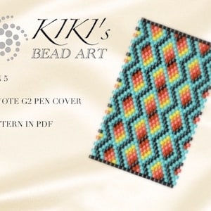May include: A beaded pen cover with a geometric pattern in shades of turquoise, yellow, orange, and red. The pattern is called "Fan 5" and is a peyote stitch G2 design. The text "KIKI'S BEAD ART" is at the top of the image. The text "PATTERN IN PDF" is at the bottom of the image.