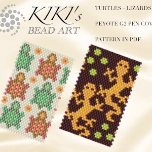 May include: Two beading patterns for a peyote stitch pen cover. One pattern features a brown, orange, and green lizard on a dark brown background. The other pattern features a green and brown turtle on a white background with yellow flowers.