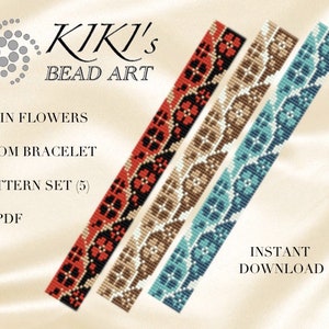 Bead loom pattern Twin flowers floral LOOM bracelet pattern set in 5 color versions in PDF instant download