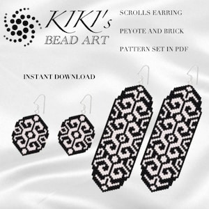 May include: A digital pattern set for beading earrings in black and white. The set includes three patterns: two long earrings and one round earring. The patterns are called "Scrolls Earring" and are made with peyote and brick stitch. The pattern set is available as an instant download in PDF format. The text "Kiki's Bead Art" is also visible in the image.