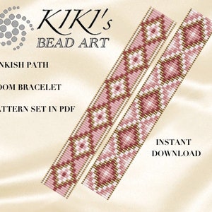 May include: Pinkish Path Loom Bracelet pattern set in PDF format. The pattern features a pink and white beaded bracelet with a geometric design. Instant download.