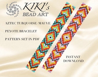 peyote bracelet pattern, peyote pattern, Aztec turquoise mauve peyote bracelet cuff pattern in PDF - instant download